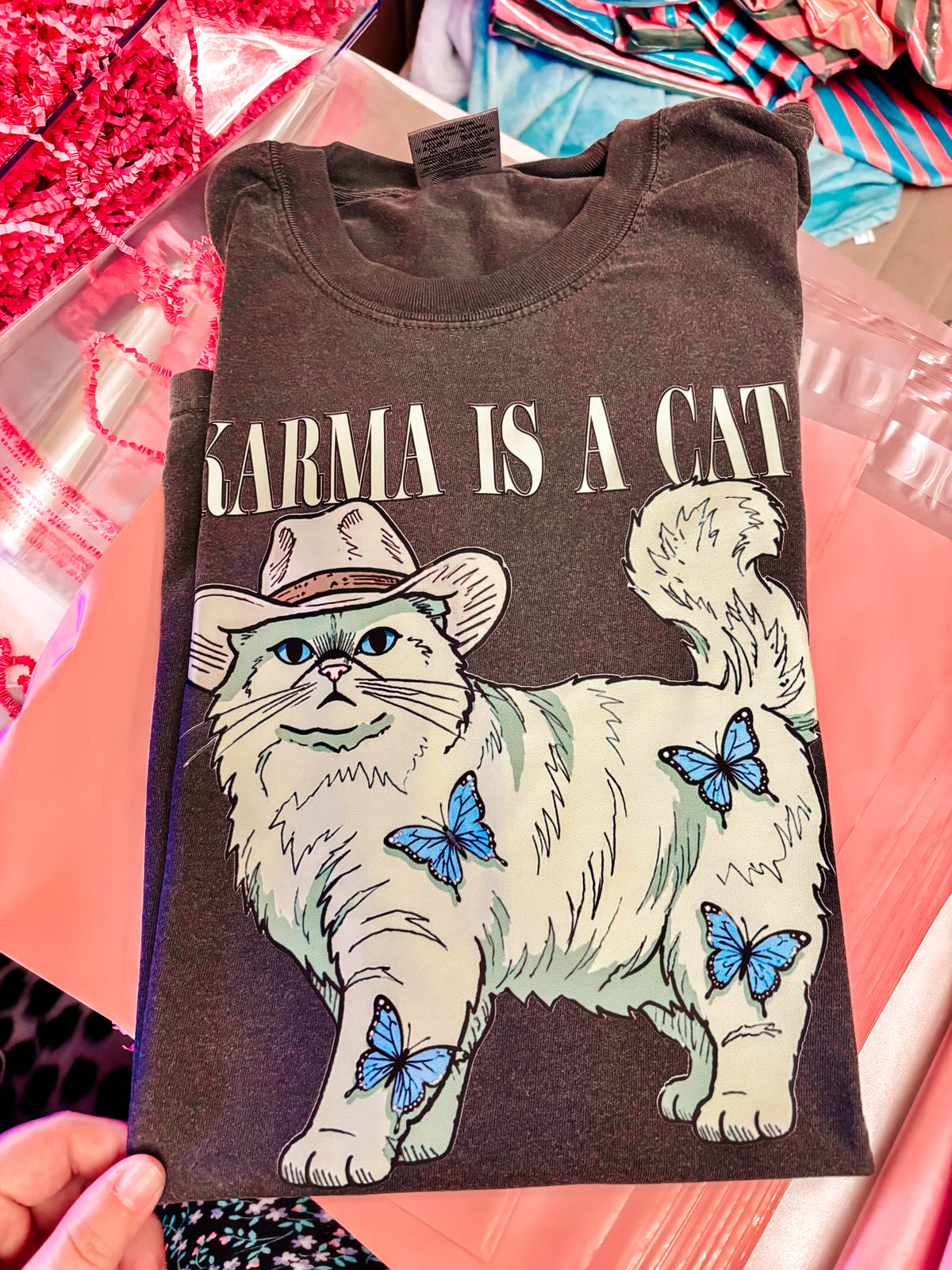 Karma is a cat comfort colors tee