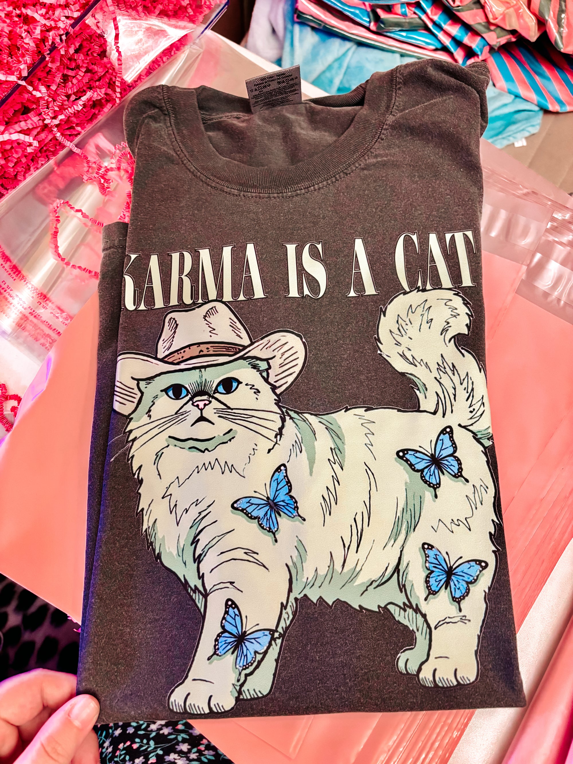 Karma is a cat comfort colors tee
